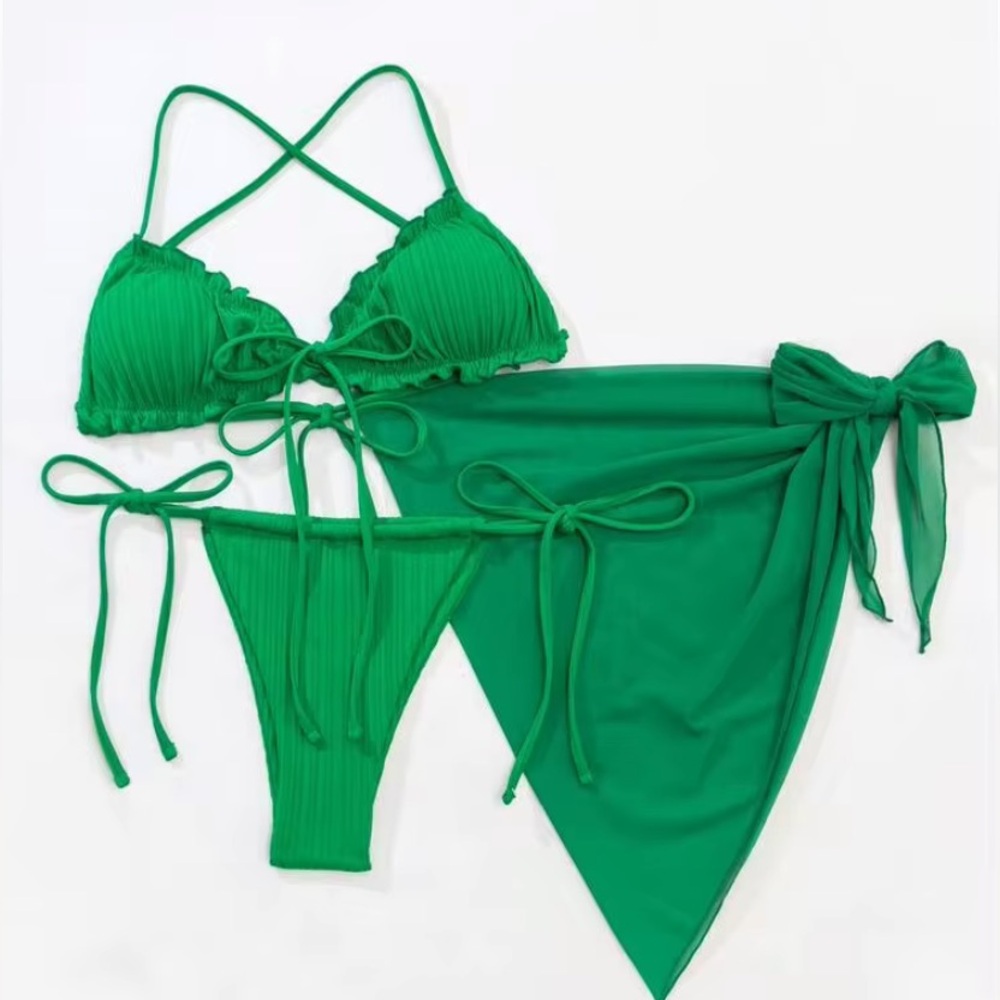 SHEIN Green Ribbed Tie-Front Triangle Bikini